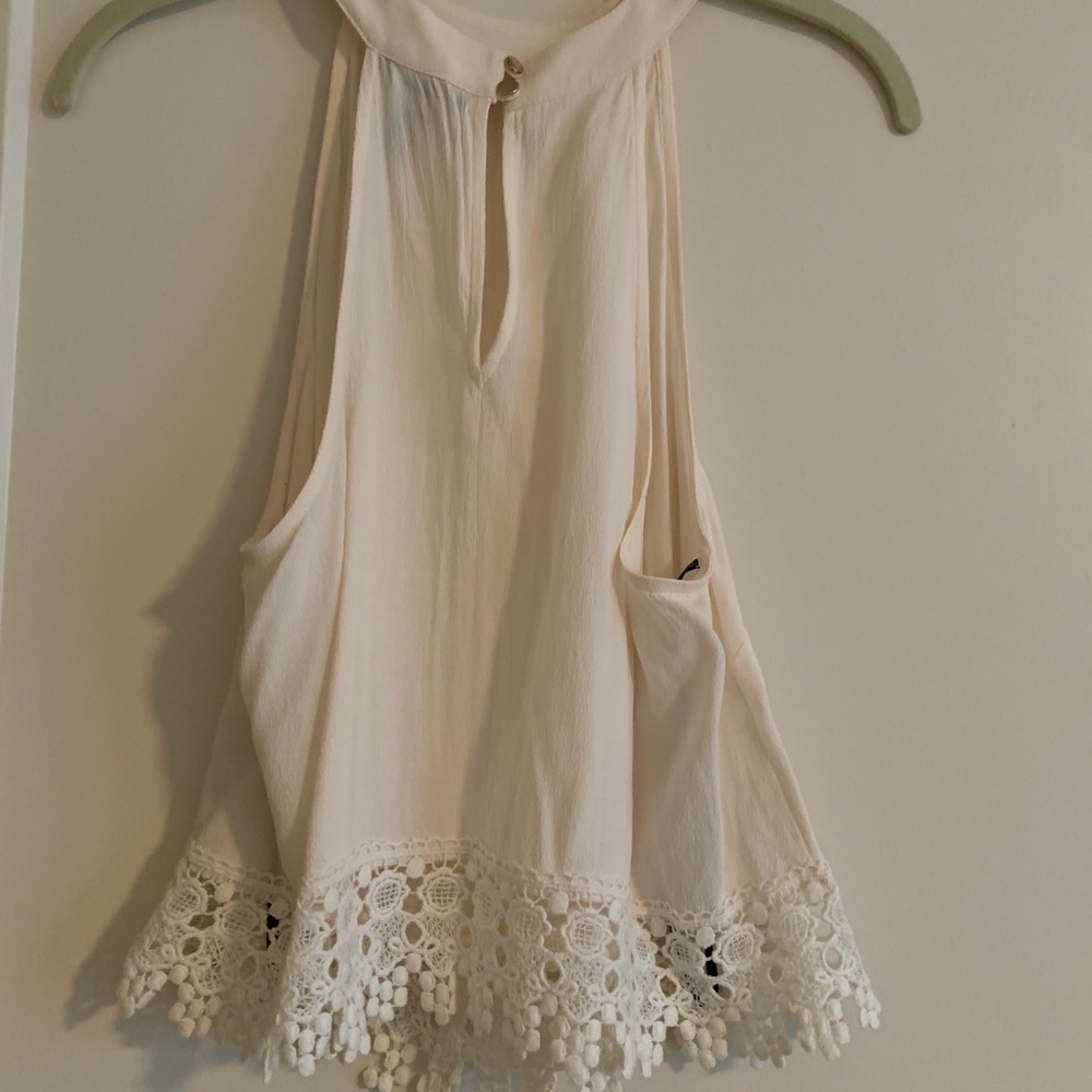 High Neck Ivory Lace Detail Slight Crop Top
